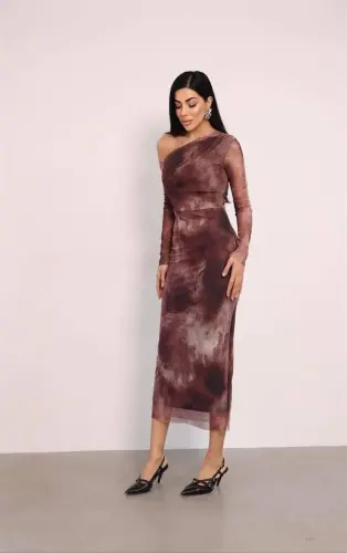 Tulle Fabric Pencil Dress with Shoulder Detail - BROWN - 3