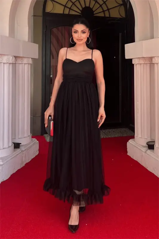 Tulle Fabric Ruched Detail Dress - BLACK - BÜYÜKBEDENIZ