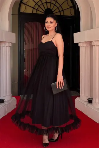 Tulle Fabric Ruched Detail Dress - BLACK - BÜYÜKBEDENIZ (1)