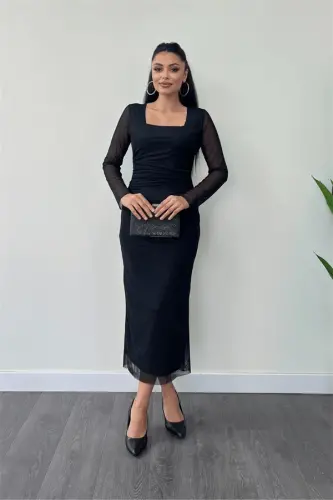 Tulle Fabric Ruched Detail Pencil Dress - BLACK - 1