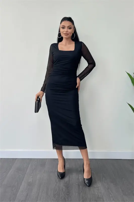 Tulle Fabric Ruched Detail Pencil Dress - BLACK - 2