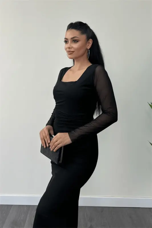 Tulle Fabric Ruched Detail Pencil Dress - BLACK - 3