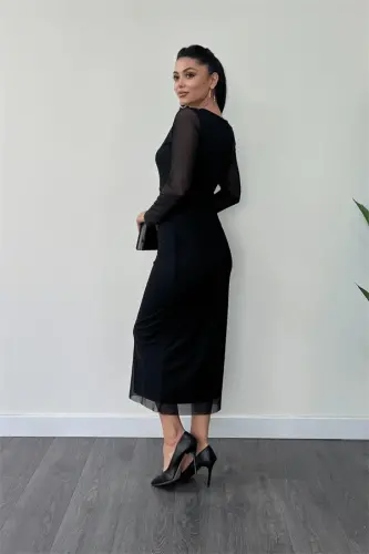 Tulle Fabric Ruched Detail Pencil Dress - BLACK - 5