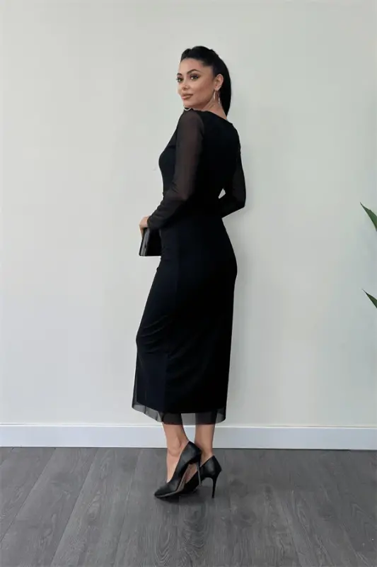 Tulle Fabric Ruched Detail Pencil Dress - BLACK - 5