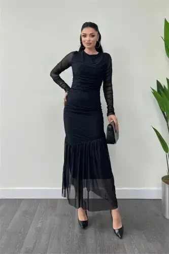 Tulle Fabric Ruched Detail Pencil Dress - BLACK - 6