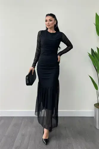 Tulle Fabric Ruched Detail Pencil Dress - BLACK - 7