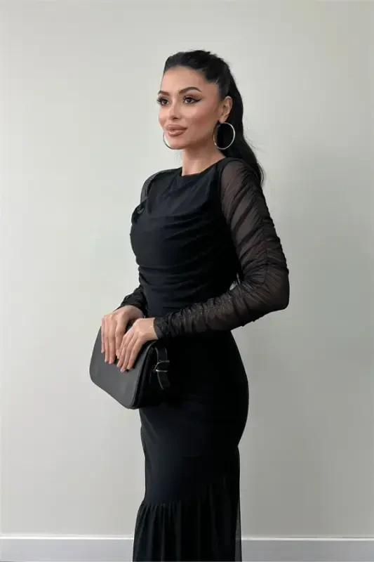 Tulle Fabric Ruched Detail Pencil Dress - BLACK - 9