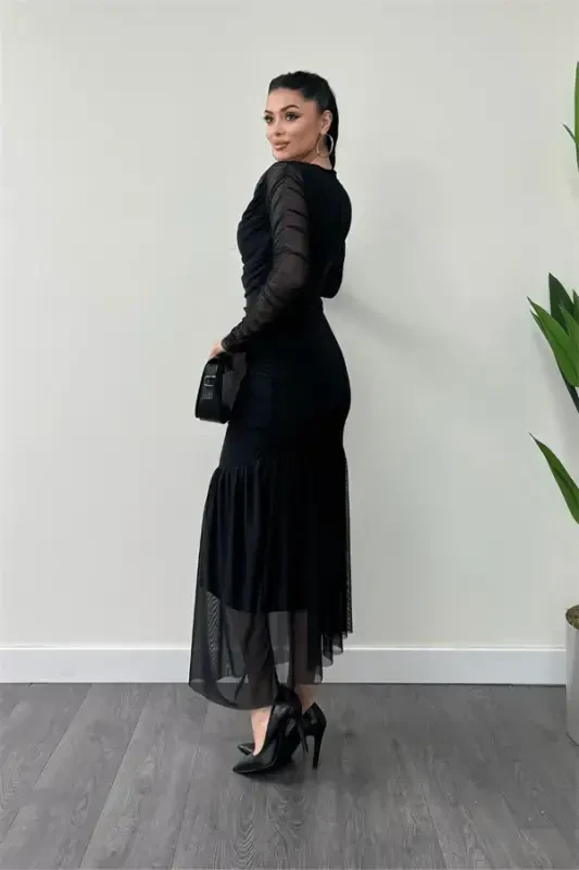 Tulle Fabric Ruched Detail Pencil Dress - BLACK - 10