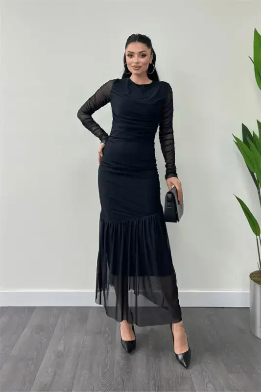 Tulle Fabric Ruched Detail Pencil Dress - BLACK - BÜYÜKBEDENIZ
