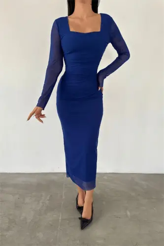 Tulle Fabric Ruched Detail Pencil Dress - BLUE - BÜYÜKBEDENIZ (1)