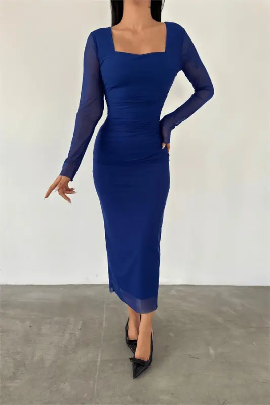 Tulle Fabric Ruched Detail Pencil Dress - BLUE - 2