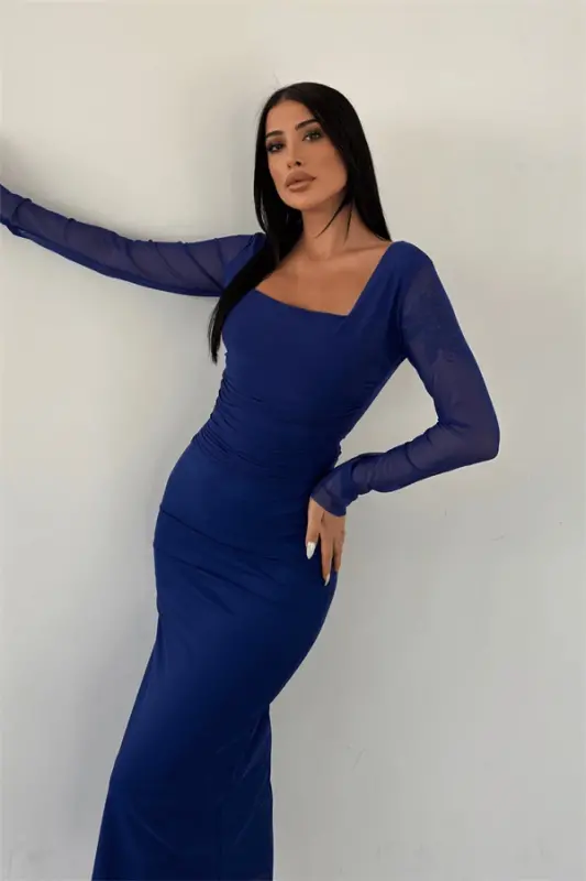 Tulle Fabric Ruched Detail Pencil Dress - BLUE - 3