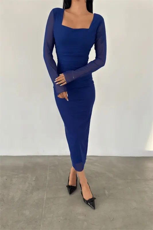 Tulle Fabric Ruched Detail Pencil Dress - BLUE - 4