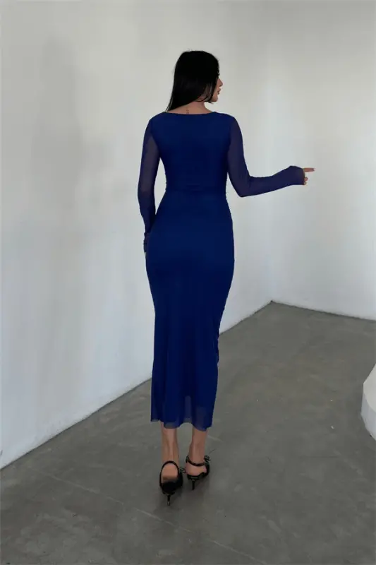 Tulle Fabric Ruched Detail Pencil Dress - BLUE - 5