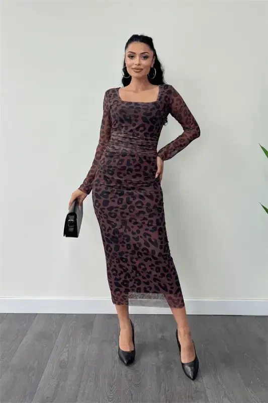 Tulle Fabric Ruched Detail Pencil Dress - BROWN - BÜYÜKBEDENIZ