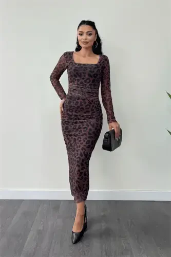 Tulle Fabric Ruched Detail Pencil Dress - BROWN - BÜYÜKBEDENIZ (1)