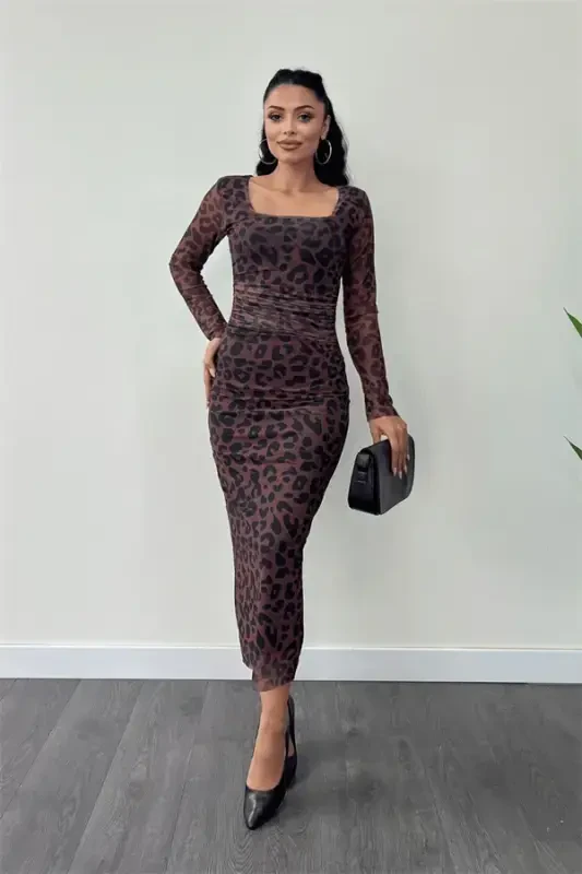 Tulle Fabric Ruched Detail Pencil Dress - BROWN - 2