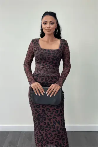 Tulle Fabric Ruched Detail Pencil Dress - BROWN - 3