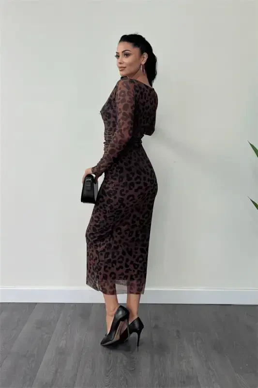 Tulle Fabric Ruched Detail Pencil Dress - BROWN - 5