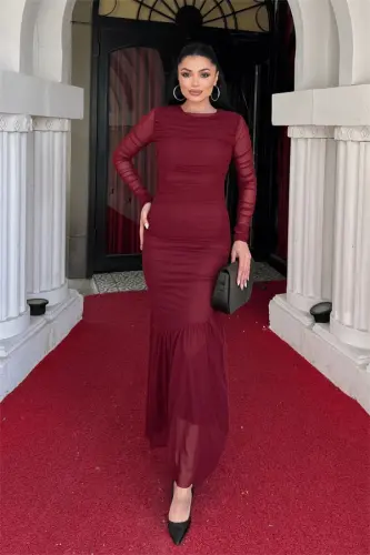 Tulle Fabric Ruched Detail Pencil Dress - BURGUNDY - 1