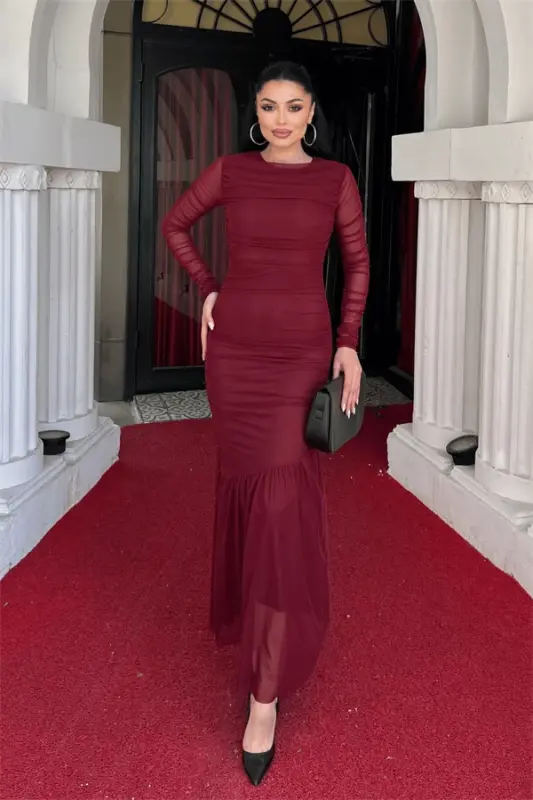 Tulle Fabric Ruched Detail Pencil Dress - BURGUNDY - 1