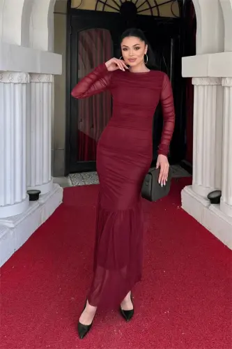 Tulle Fabric Ruched Detail Pencil Dress - BURGUNDY - 2