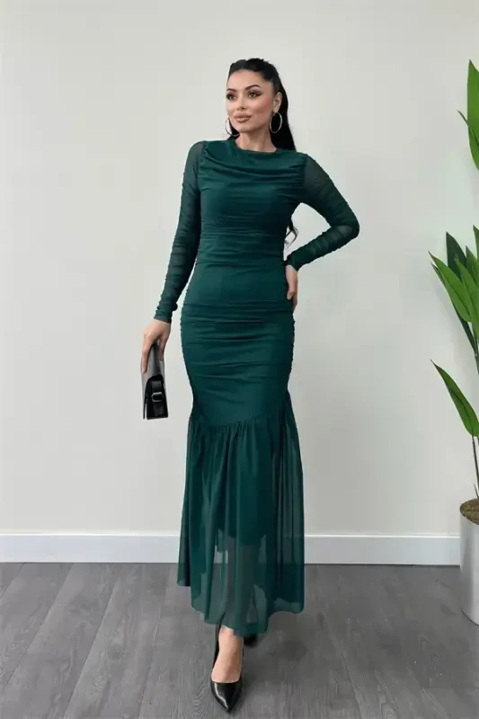 Tulle Fabric Ruched Detail Pencil Dress - EMERALD GREEN - 7