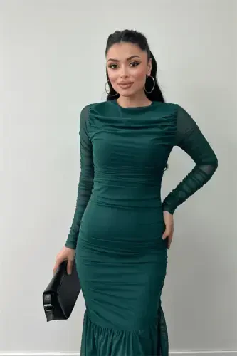 Tulle Fabric Ruched Detail Pencil Dress - EMERALD GREEN - 8