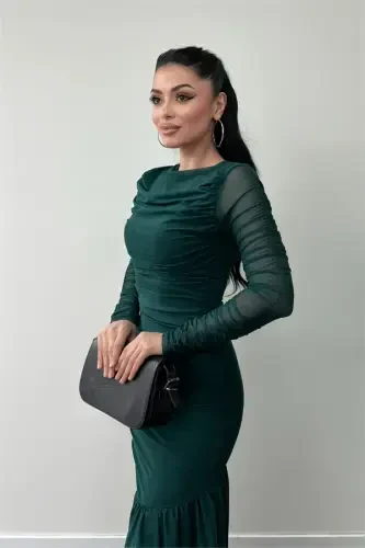 Tulle Fabric Ruched Detail Pencil Dress - EMERALD GREEN - 9