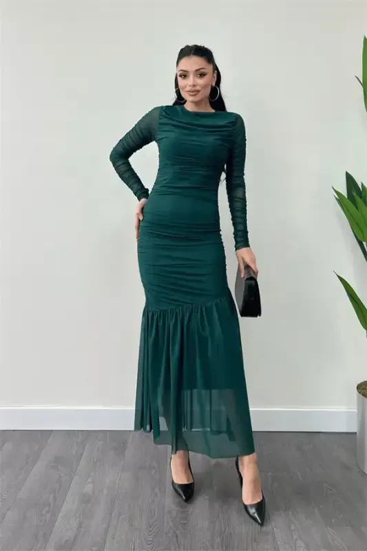 Tulle Fabric Ruched Detail Pencil Dress - EMERALD GREEN - BÜYÜKBEDENIZ