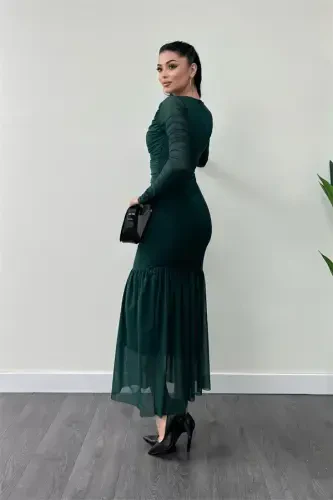 Tulle Fabric Ruched Detail Pencil Dress - EMERALD GREEN - 5