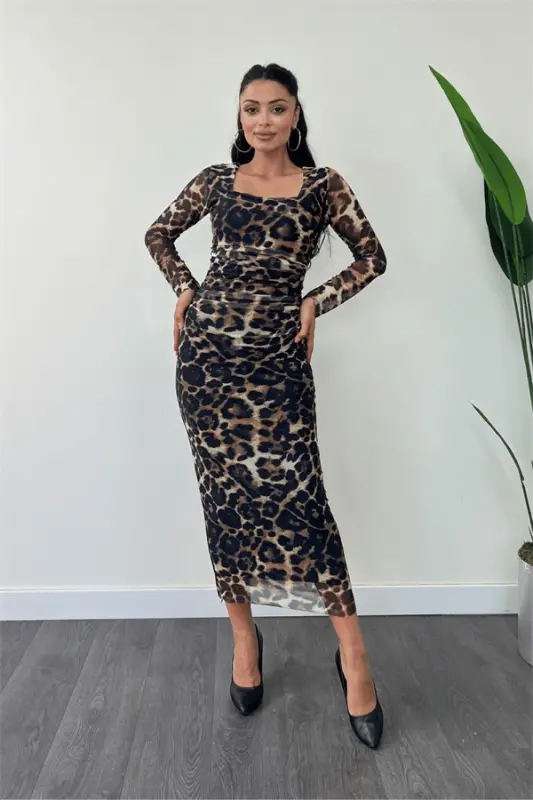 Tulle Fabric Ruched Detail Pencil Dress - LEOPARD - 2