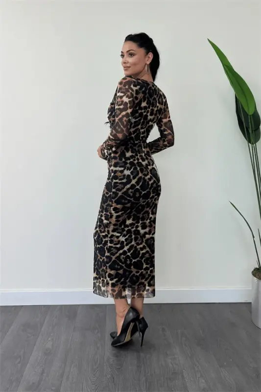 Tulle Fabric Ruched Detail Pencil Dress - LEOPARD - 5