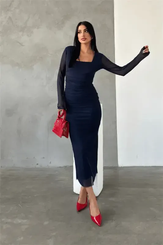 Tulle Fabric Ruched Detail Pencil Dress - NAVY BLUE - 1