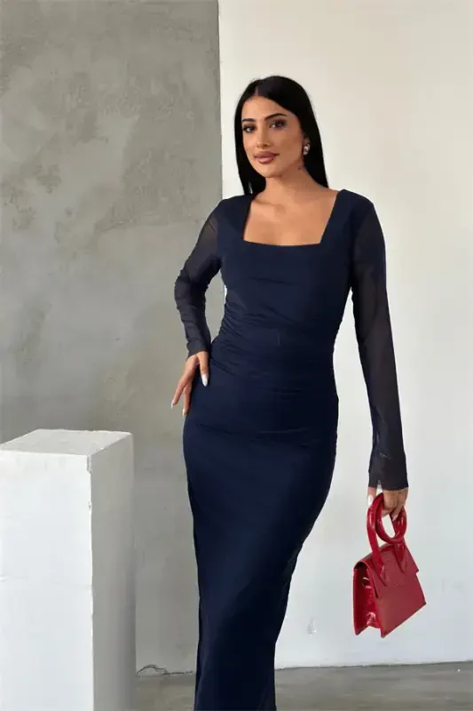 Tulle Fabric Ruched Detail Pencil Dress - NAVY BLUE - 4