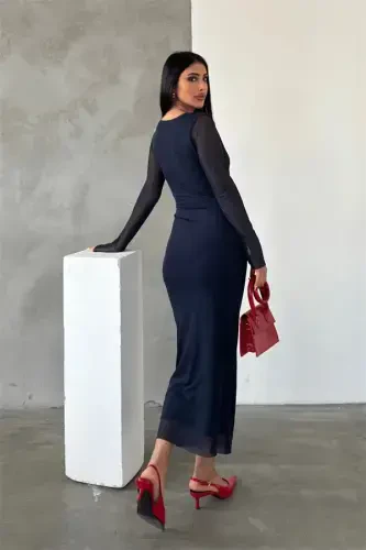 Tulle Fabric Ruched Detail Pencil Dress - NAVY BLUE - 5