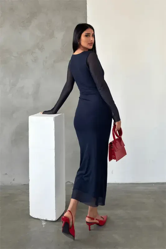 Tulle Fabric Ruched Detail Pencil Dress - NAVY BLUE - 5