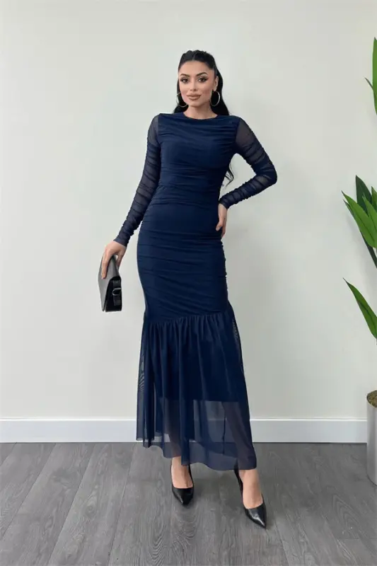 Tulle Fabric Ruched Detail Pencil Dress - NAVY BLUE - 1