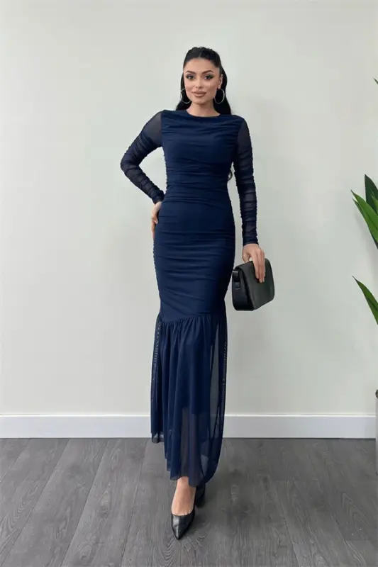 Tulle Fabric Ruched Detail Pencil Dress - NAVY BLUE - 2