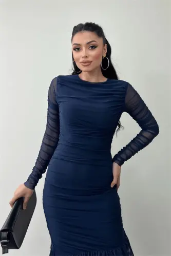 Tulle Fabric Ruched Detail Pencil Dress - NAVY BLUE - 3