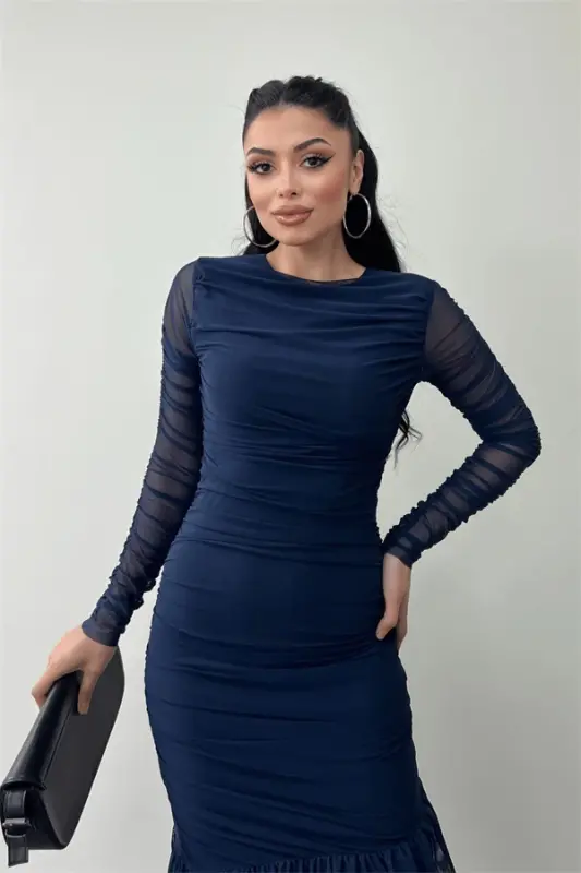 Tulle Fabric Ruched Detail Pencil Dress - NAVY BLUE - 3