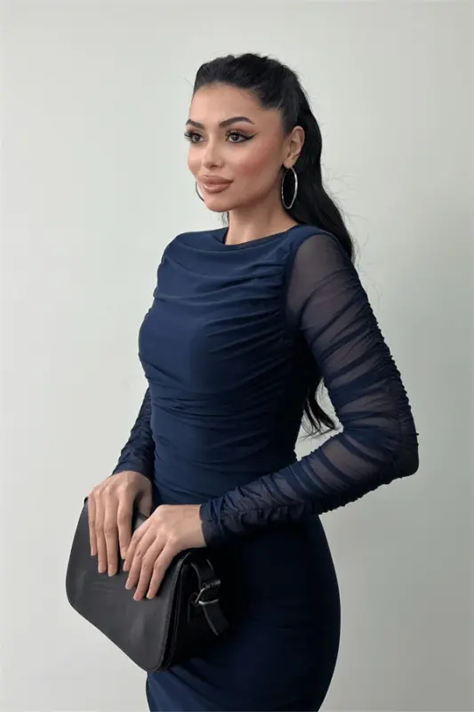 Tulle Fabric Ruched Detail Pencil Dress - NAVY BLUE - 4