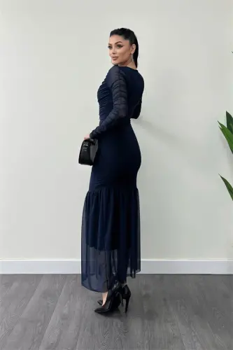 Tulle Fabric Ruched Detail Pencil Dress - NAVY BLUE - 5