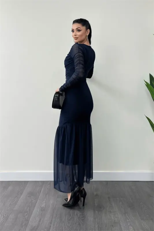 Tulle Fabric Ruched Detail Pencil Dress - NAVY BLUE - 5