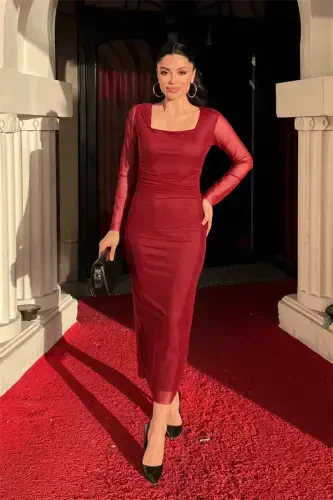 Tulle Fabric Ruched Detail Pencil Dress - SOLID BURGUNDY - 1