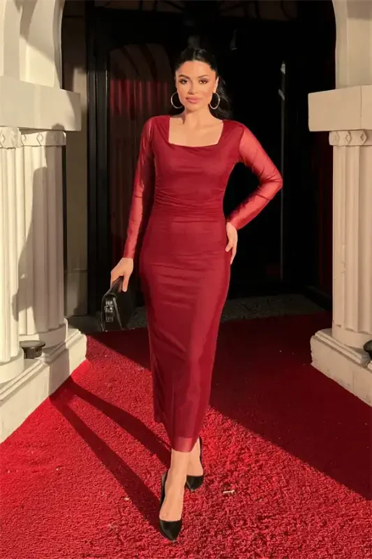 Tulle Fabric Ruched Detail Pencil Dress - SOLID BURGUNDY - 1