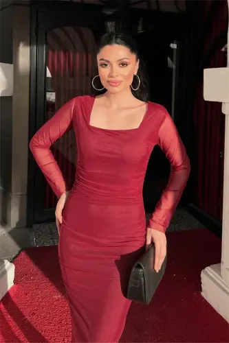 Tulle Fabric Ruched Detail Pencil Dress - SOLID BURGUNDY - 4