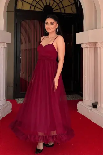Tulle Fabric Ruched Dress - BURGUNDY - 2