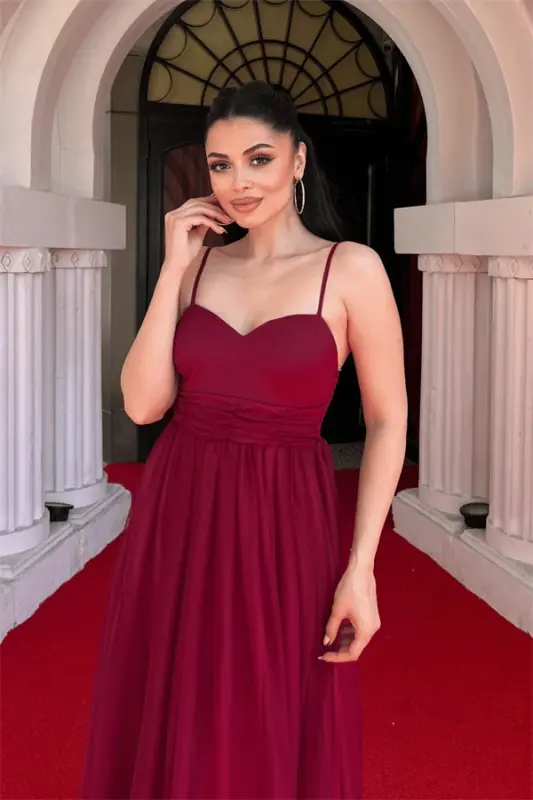 Tulle Fabric Ruched Dress - BURGUNDY - 4