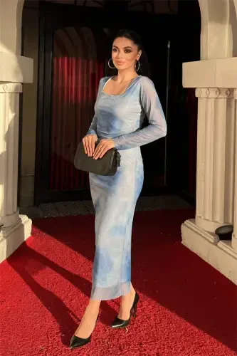 Tulle Fabric Ruched Pencil Dress - BABY BLUE - 6